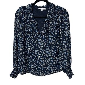 Joy Joy Blouse Womens Small Navy Blue Abstract Floral Ruffle V-Neck Smocked Cuff